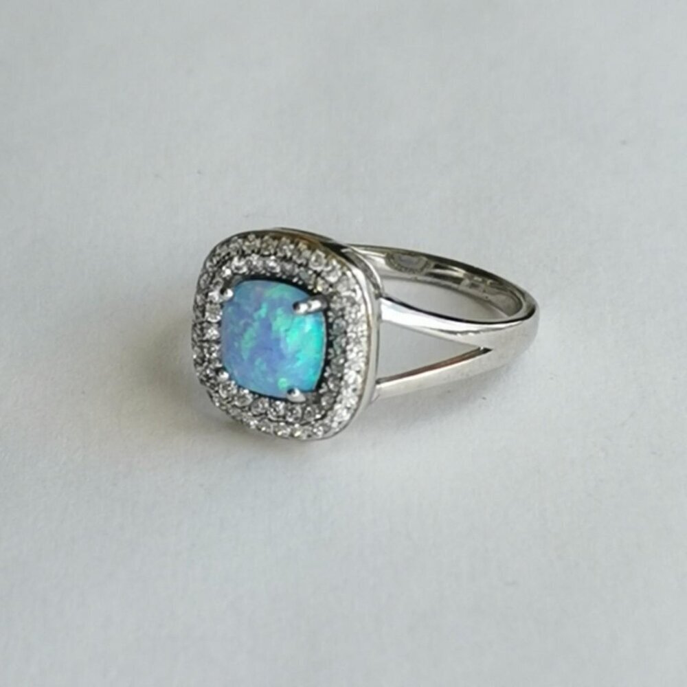 Blue opal CZ pave Halo Sterling silver ring size 8 🆕 - Picture 7 of 9